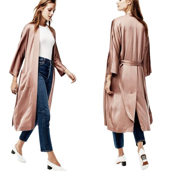 ARITZIA WILFRED Durante Jacket Kimono Satin Duster Cardigan Robe Lucite Taupe M - Picture 1 of 10